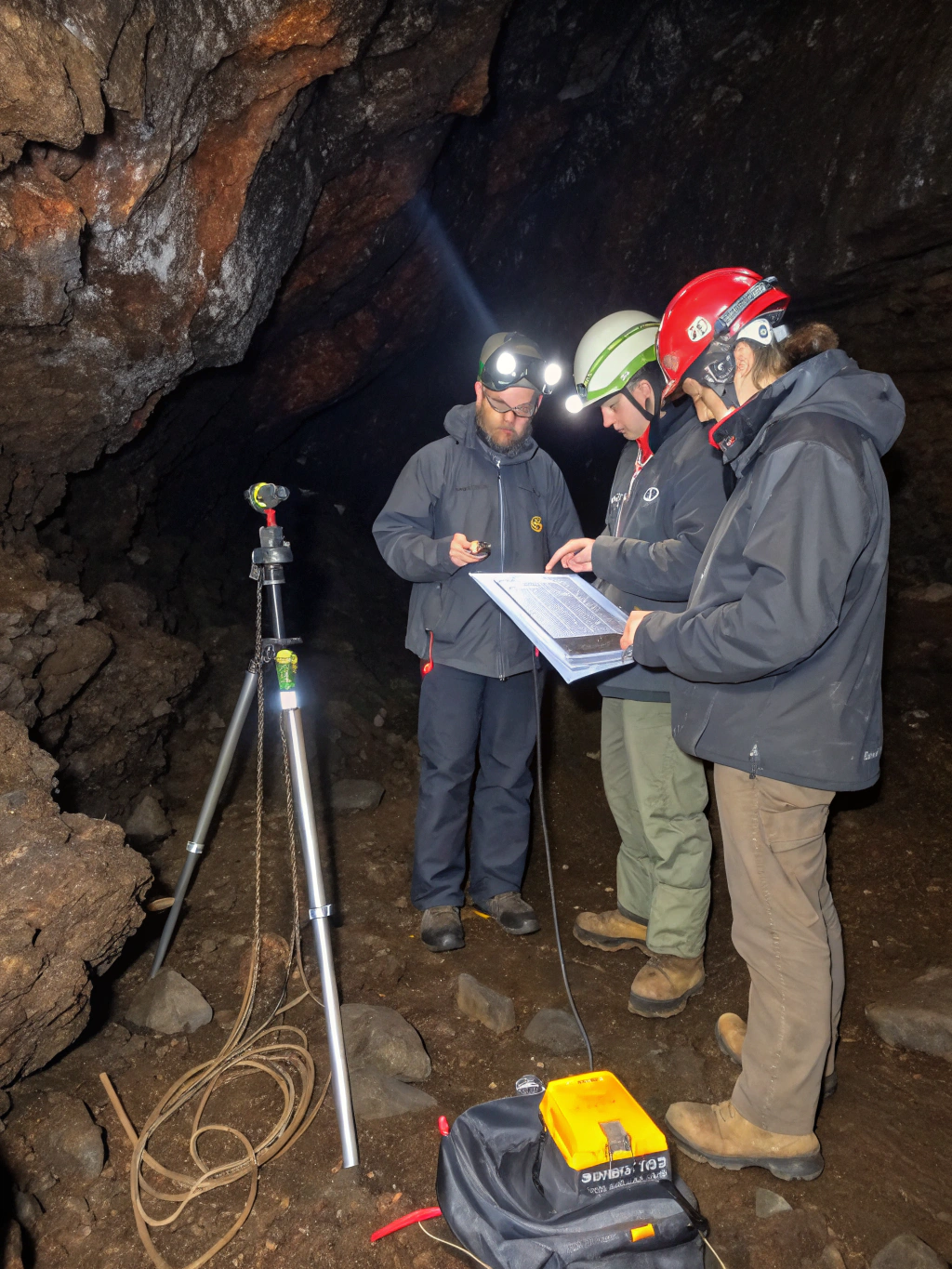 Exploring a dark cave with stalactites