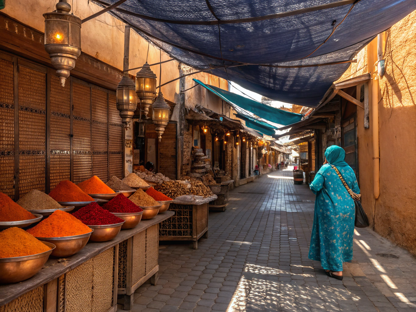 Colorful lamps and bustling activity in Khan el-Khalili bazaar