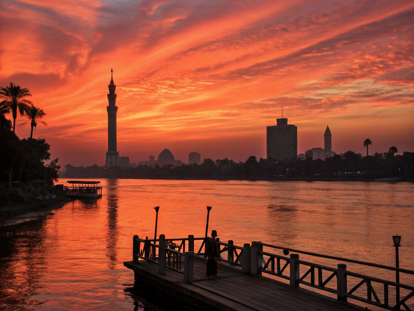 Traditional felucca boats sailing on the Nile River at sunset
