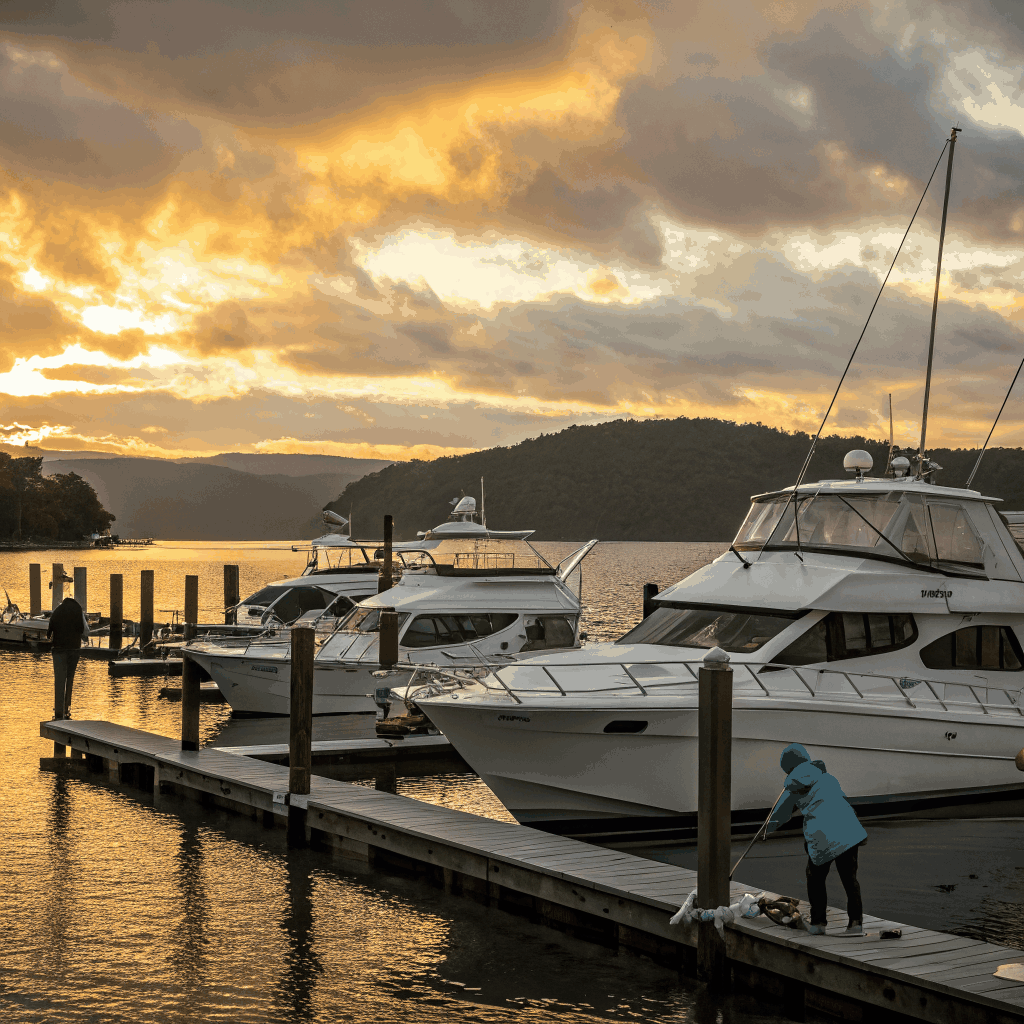 Charming coastal village harbor filled with small fishing boats