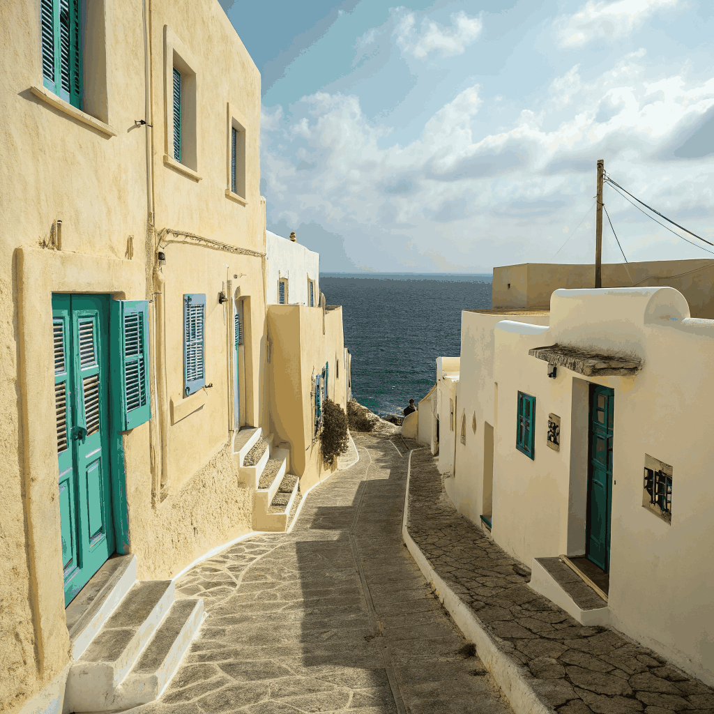 Classic Cycladic white buildings with blue domes overlooking the sea