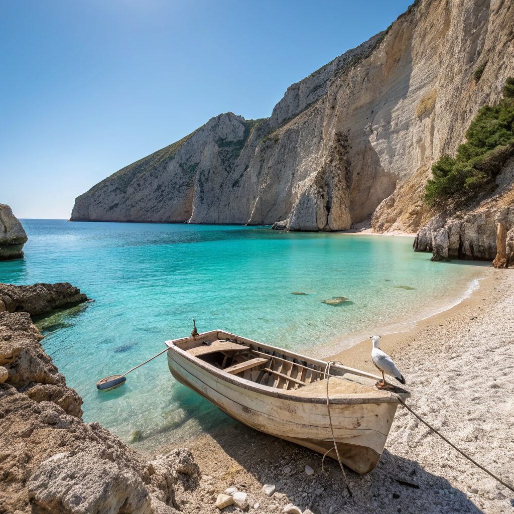 A hidden turquoise cove surrounded by dramatic limestone cliffs