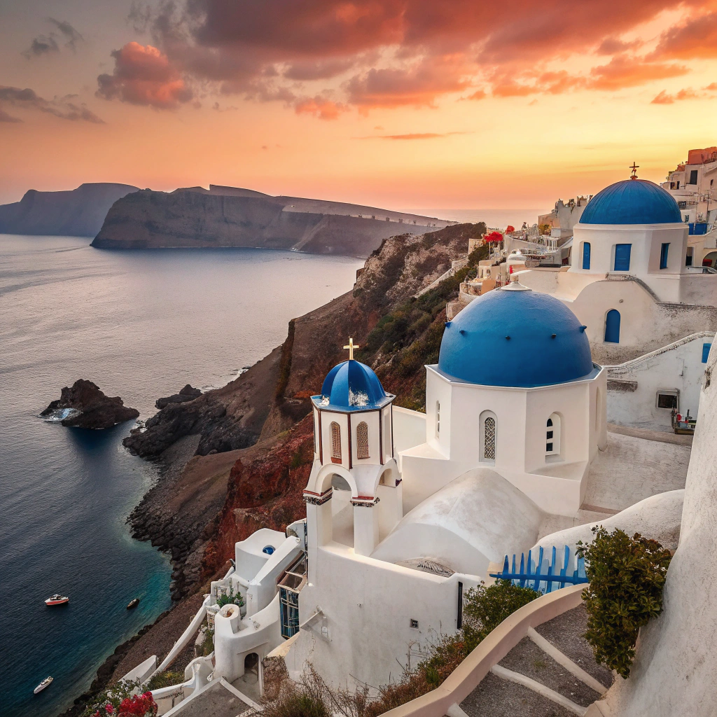 Breathtaking golden sunset over a cliffside island village