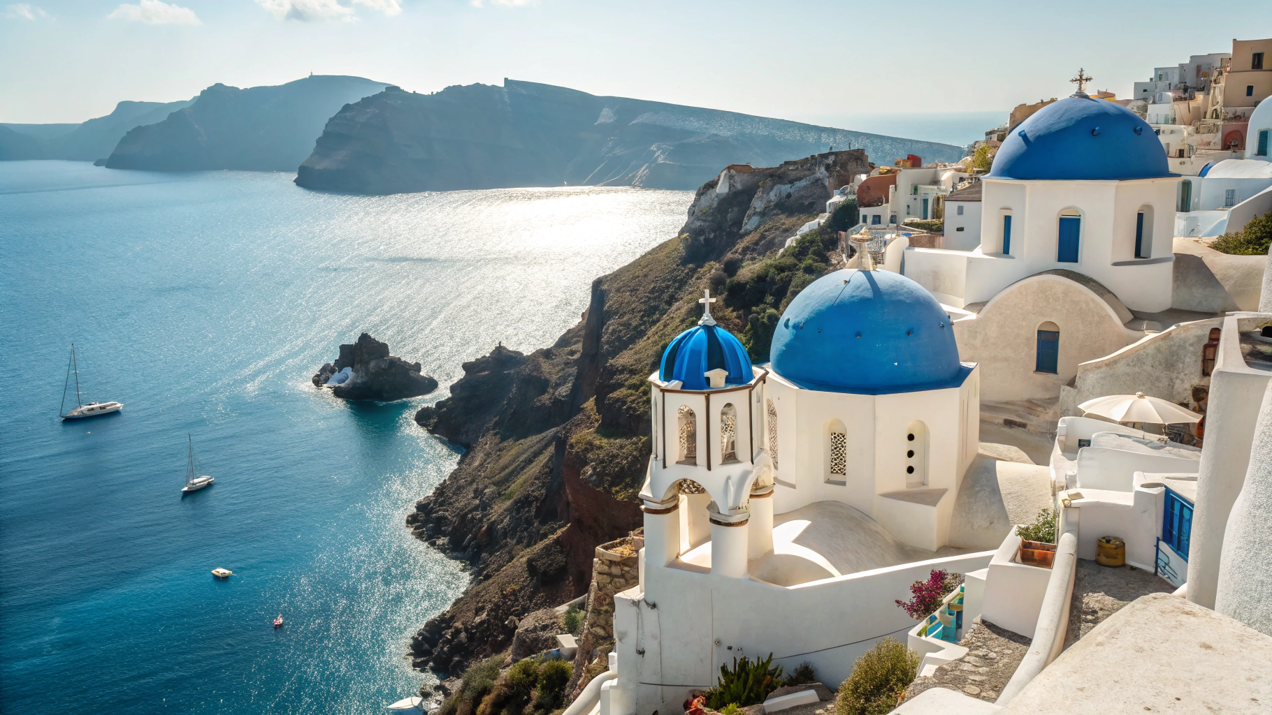 Breathtaking view of white architecture and blue domes in Santorini, Greece