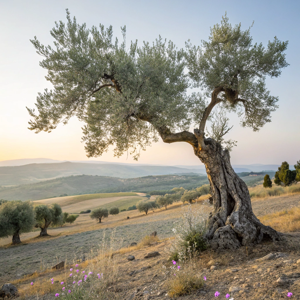 Sunlight filtering through the leaves of an ancient olive grove