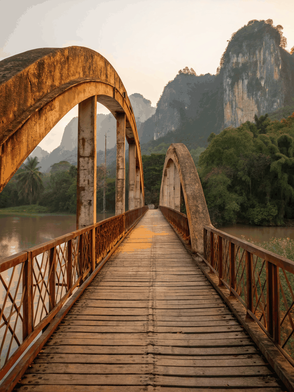 Suspension bridge through a dense jungle canopy