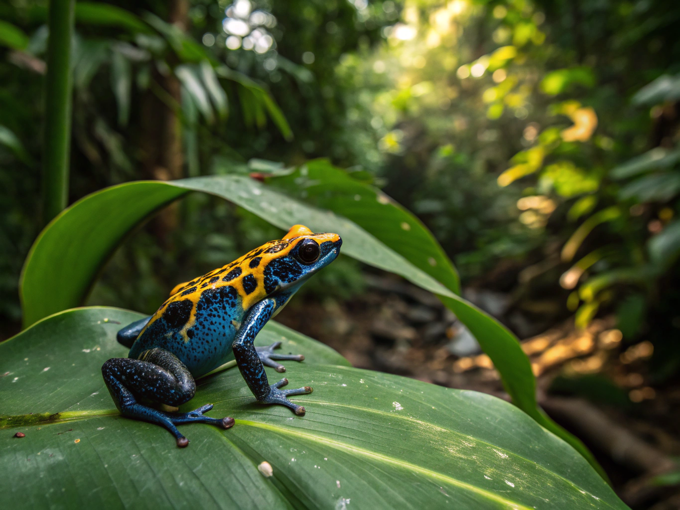 A tiny native Coquí frog resting on a large tropical green leaf