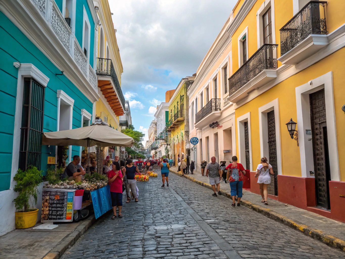 Vibrant, colorful colonial buildings lining a cobblestone street