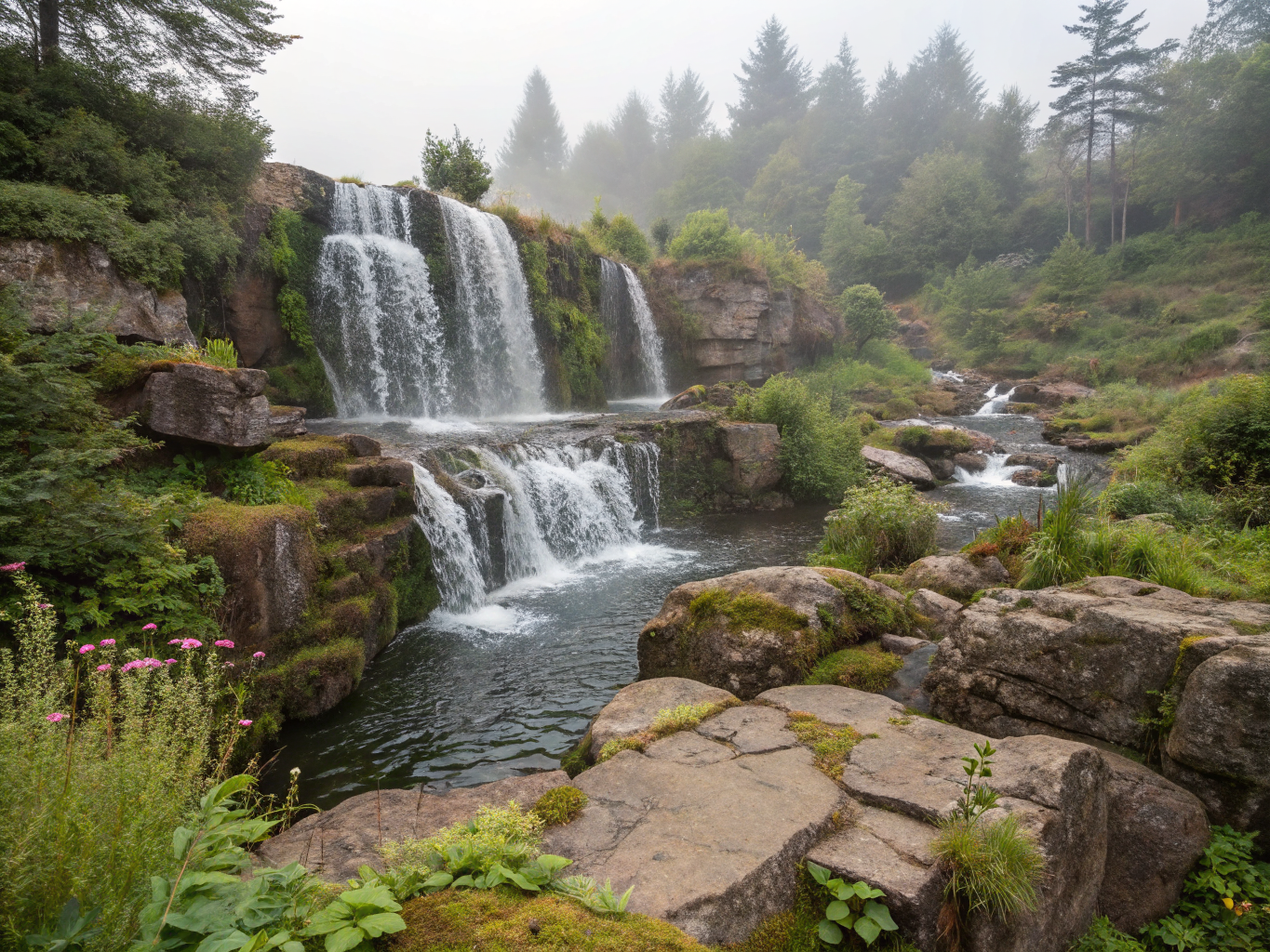 A hidden waterfall cascading down rocks into a serene natural pool