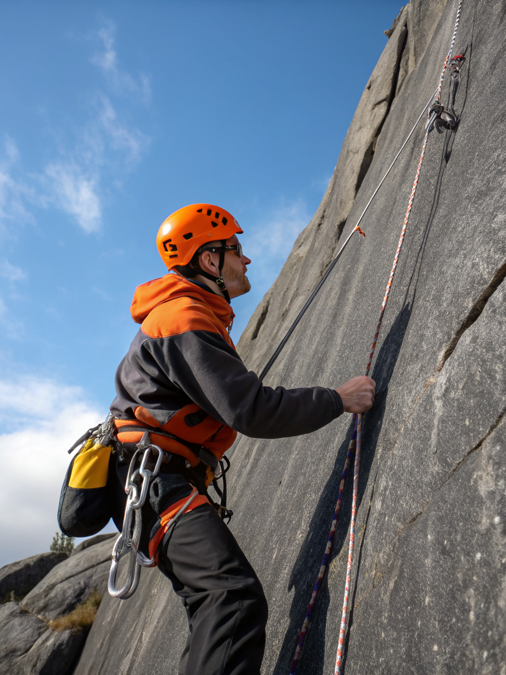 Person rock climbing a steep cliff face
